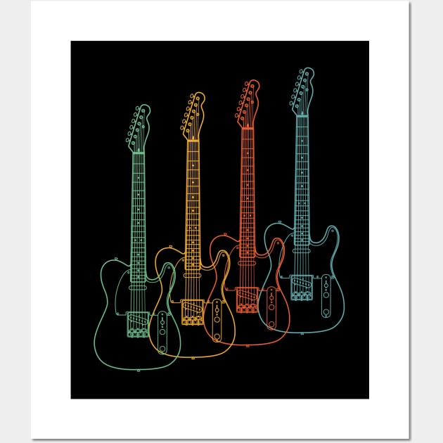 Four T-Style Electric Guitar Outlines Retro Color Wall Art by nightsworthy